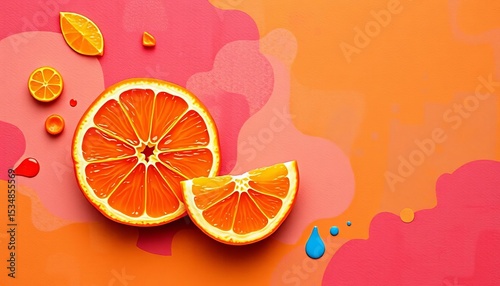 Vibrant tangerine slices & abstract shapes on textured hand-colored vector background,  healthy,  overlay