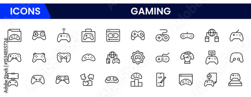 Vibrant vector web line icons showcasing gaming, controllers, virtual worlds, e-sports, and immersive digital entertainment experiences.