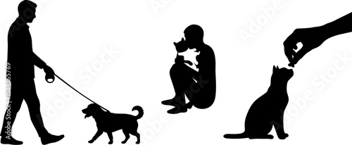 Silhouette of people with pets vector illustration dog walking cat feeding pet owner animal care design editable stock vector illustration