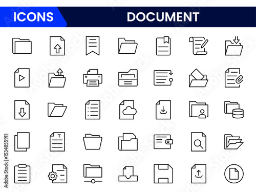 Streamlined vector web line icons depicting document management, filing, organization, digital archives, and efficient data handling solutions.