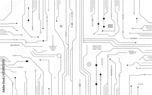 Abstract circuit board design with lines dots and geometric elements in black and white
