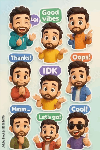 Diverse Chibi Man Sticker Set with Various Expressions