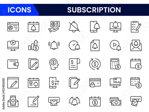 Modern vector web line icons depicting subscription services, recurring payments, memberships, streaming, and digital access for seamless user experiences.