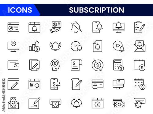 Modern vector web line icons depicting subscription services, recurring payments, memberships, streaming, and digital access for seamless user experiences.