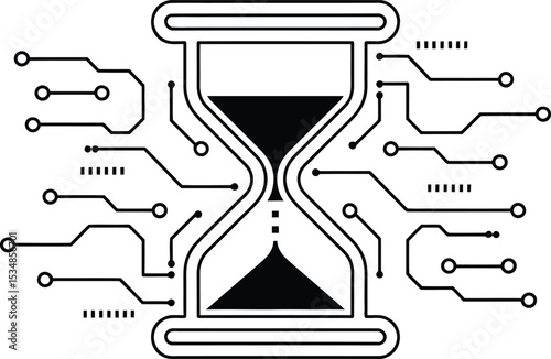 Digital hourglass concept showing technology time management and data processing in black and white.