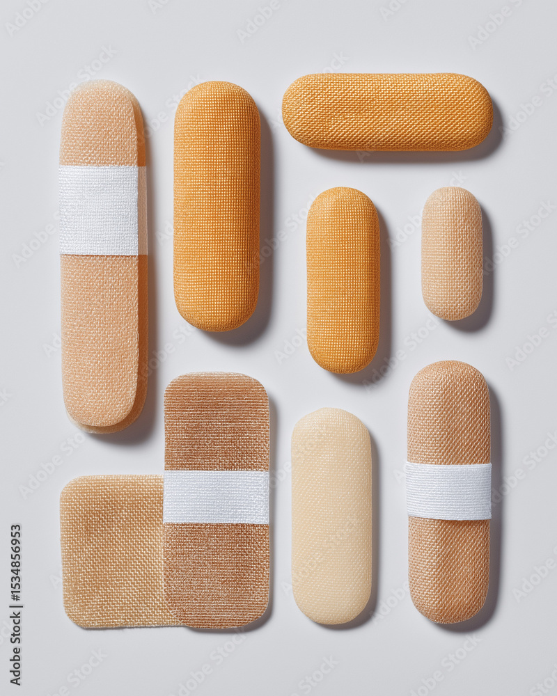 Assorted band-aids in different sizes on white background, skin-toned and sterile for first aid kit visuals or product ads Assorted band-aids in different sizes on white background, skin-toned and sterile for first aid kit visuals or product ads