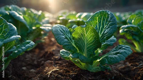 Lush garden with leeks bathed in soft light with vibrant leafy greens creating a serene and inviting atmosphere