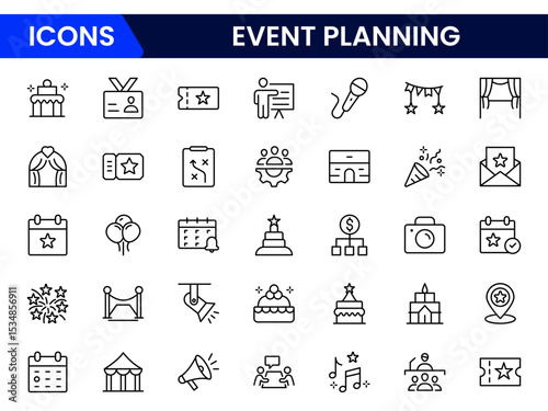 Organized vector web line icons depicting event planning, schedules, decorations, invitations, and seamless coordination for memorable occasions.