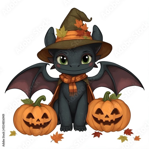 Adorable Night fury Halloween Dragon with Fall Cape and Carved Pumpkins – Magical Toothless Cartoon Character in Pumpkin-Themed Wizard Hat
