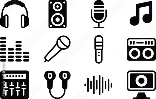 Black and white icon collection featuring music equipment elements and sound symbols