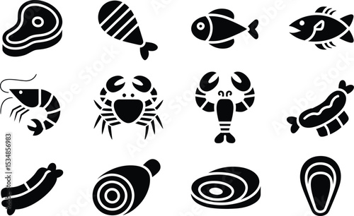 A collection of black and white seafood and meat icon illustrations for culinary or restaurant designs