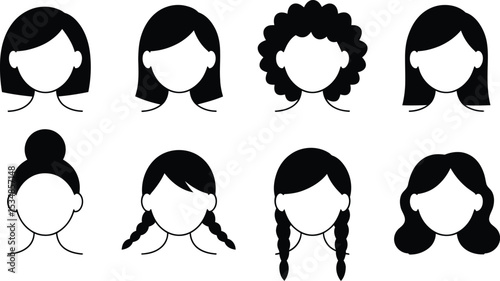Diverse hairstyles illustration black and white women faceless portraits simple modern artistic design
