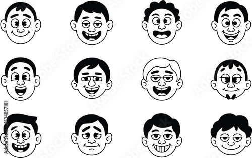 Cartoon heads in different styles and facial expressions with variations for design projects