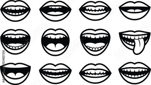 A collection of stylized black and white mouth silhouettes with various expressions and poses