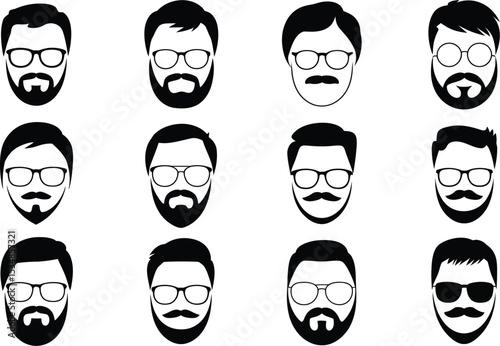 Black and white silhouettes of hipster faces with beards mustaches and eyeglasses