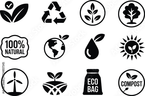 Collection of monochrome eco friendly symbols representing environmental awareness and sustainability efforts