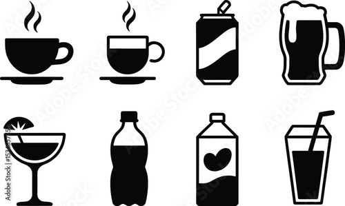 Diverse beverages icons in black and white depicting a variety of drinks for graphic design