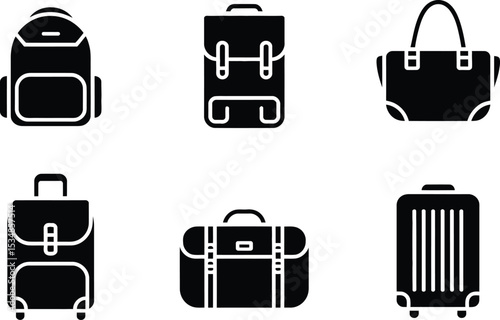 Set of black and white travel luggage icons suitable for travel and tourism related designs