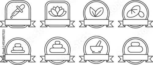 Collection of minimalist wellness and spa icons with blank ribbons for branding