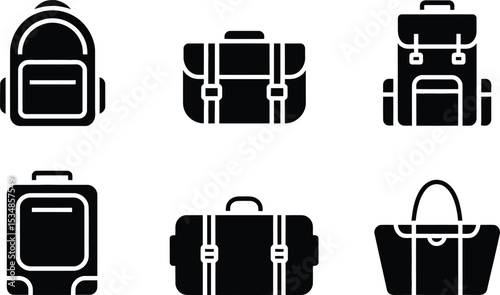 Minimalist icon collection featuring various styles of luggage and backpacks for travel and transportation