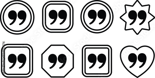 Collection of various quote mark icons with different shapes and outlines in black and white