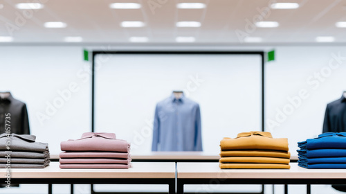Folded shirts in various colors are neatly stacked on a table, with a displayed shirt on a mannequin standing in the background in a brightly lit showroom setting.