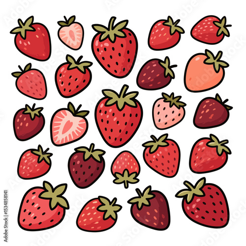 A collection of stylized strawberries, some whole and some sliced, arranged on a white background.