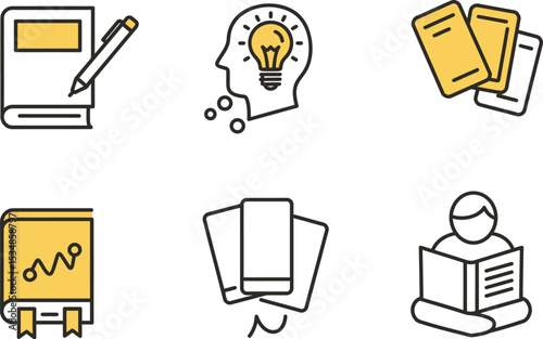 Book reading study learning education knowledge idea inspiration creative writing icons set vector design editable stock vector illustration