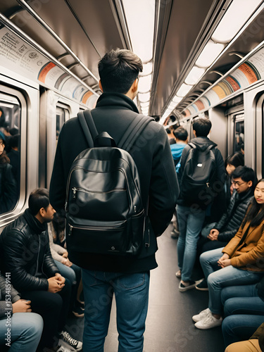 Person with black backpack standing in crowded subway carriage, passengers sitting