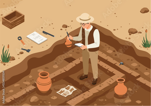 vector, archeology, flat, excavation, illustration, ancient, history, archaeology, design, isolated, artifact, archeologist, cartoon, fossil, shovel, tool, character, scientist, equipment, discovery, 