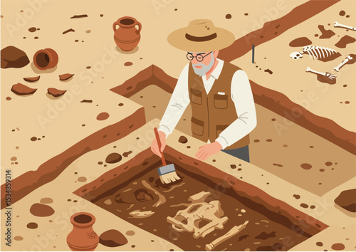 vector, archeology, flat, excavation, illustration, ancient, history, archaeology, design, isolated, artifact, archeologist, cartoon, fossil, shovel, tool, character, scientist, equipment, discovery, 