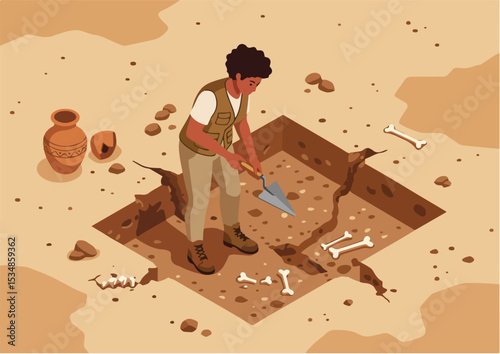 vector, archeology, flat, excavation, illustration, ancient, history, archaeology, design, isolated, artifact, archeologist, cartoon, fossil, shovel, tool, character, scientist, equipment, discovery, 