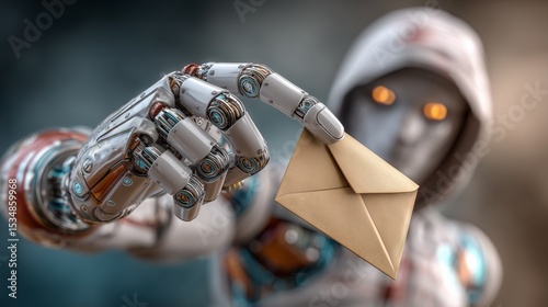 Robot delivering message futuristic setting digital art high-tech environment close-up perspective ai communication concept