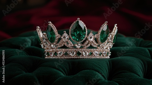 Opulent emerald crown resting on a dark green cushion.