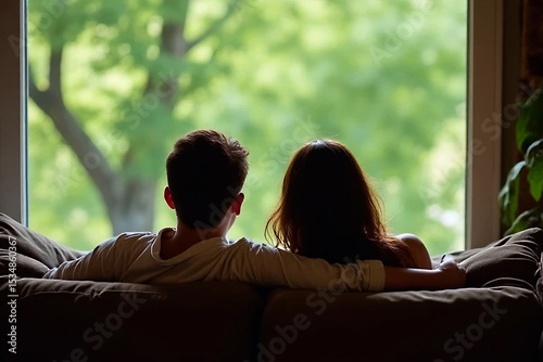 Couple Embracing Together, Enjoying Nature's Beauty Through the Window