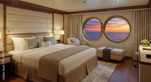 Luxurious ocean-view stateroom with king bed, seating, and sunset vista