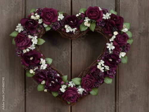 Romantic heart-shaped floral wreath with burgundy roses on wood.
