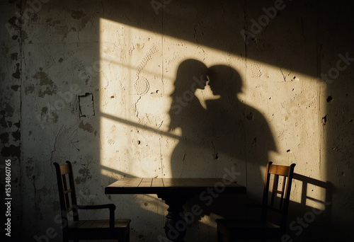 Silhouetted Couple Sharing a Kiss Against a Sunlit Wall, Capturing Love