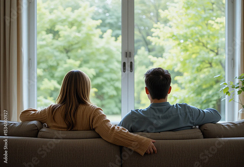 Couple Embracing Together, Enjoying Nature's Beauty Through the Window