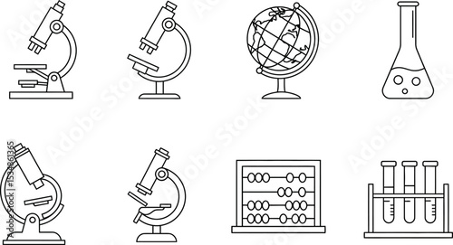 Science education equipment vector illustration microscope globe flask test tubes abacus outline 100 editable stock vector illustration