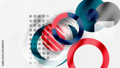 Abstract design features overlapping circles, stripes, dots. Modern composition utilizes red, gray, teal hues. Minimalist aesthetic.