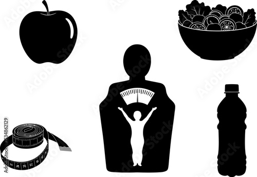 Healthy lifestyle weight loss diet plan nutrition fitness wellness apple salad water measure tape scale body 100 editable stock vector illustration