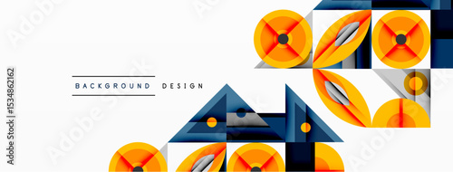 Abstract geometric shapes, vibrant colors, modern design elements. Orange, blue, gray tones create dynamic composition. Clean lines, simple forms.