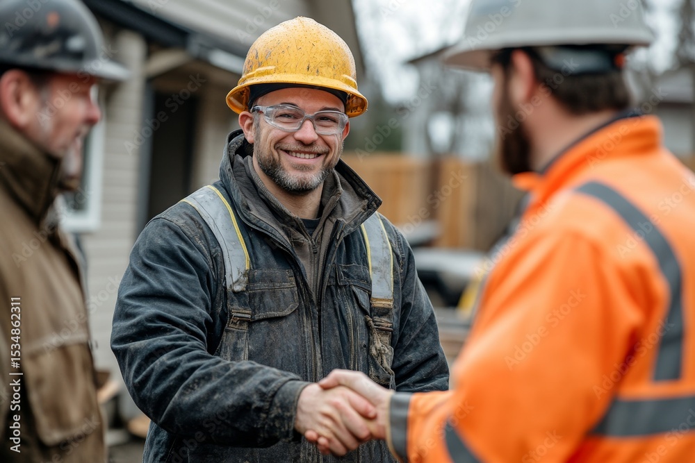 Construction worker and contractor, client shaking hands with a team builder at a renovation site., Generative AI Construction worker and contractor, client shaking hands with a team builder at a renovation site., Generative AI