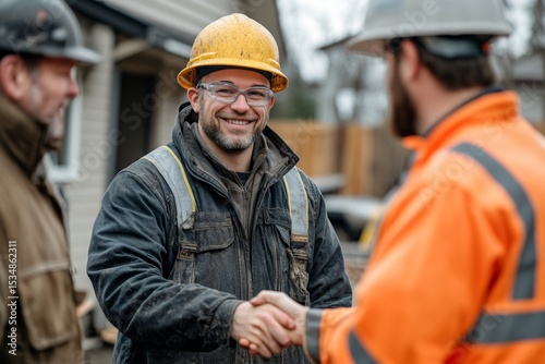 Construction worker and contractor, client shaking hands with a team builder at a renovation site., Generative AI