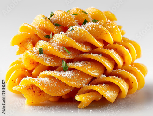 Close-up of one curled fusilli pasta on bright white background, ideal for recipe blogs, pasta packaging design, or detailed culinary texture imagery 