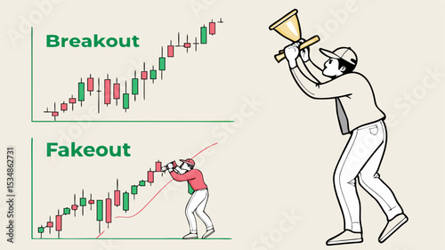 Illustration showing breakout and fakeout stock market trends with people interacting with the graphs