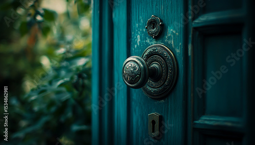 Close-up photo of an antique door handle on the exterior wall of a vintage house, featuring a bluish color scheme, with a green garden lightly blurred in the background,