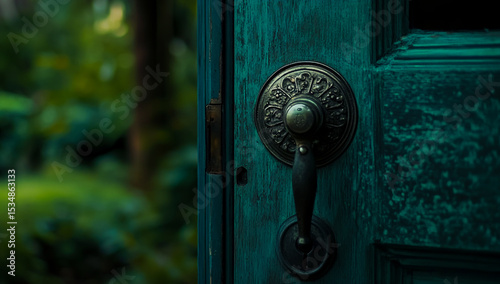Close-up photo of an antique door handle on the exterior wall of a vintage house, featuring a bluish color scheme, with a green garden lightly blurred in the background,
