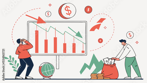Illustration of a financial downturn with falling graph and worried people and money bag showing loss